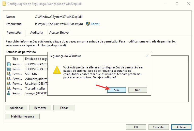 Iniciar > Configurações Confirmar permissões do usuário