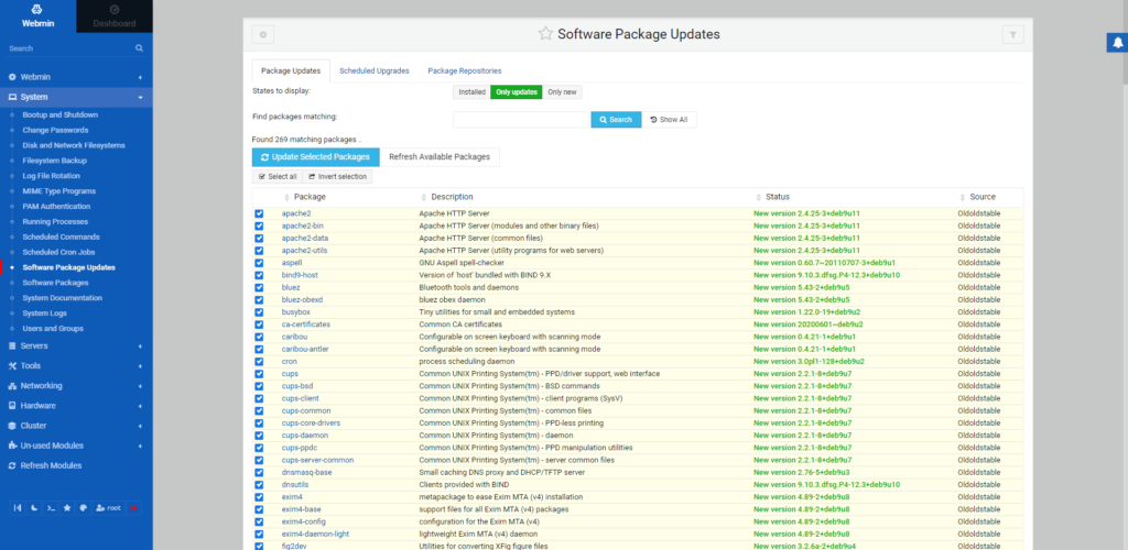 Instalando Webmin no Debian 2 Tela de atualizações do Webmin