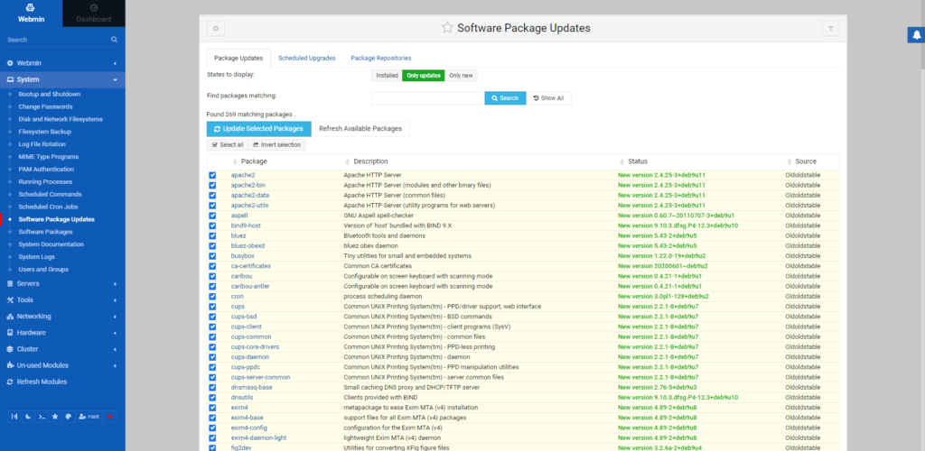 Tela de atualizações do Webmin