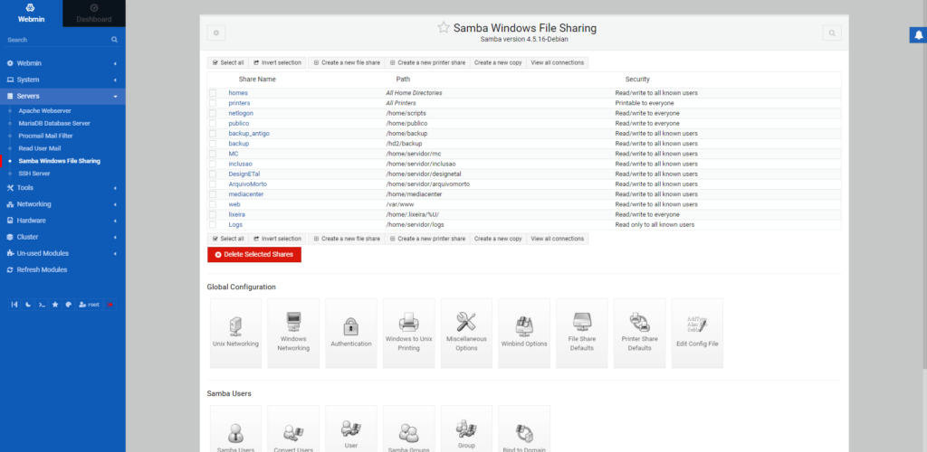 Instalando Webmin no Debian 3 Tela da administração do servidor Samba