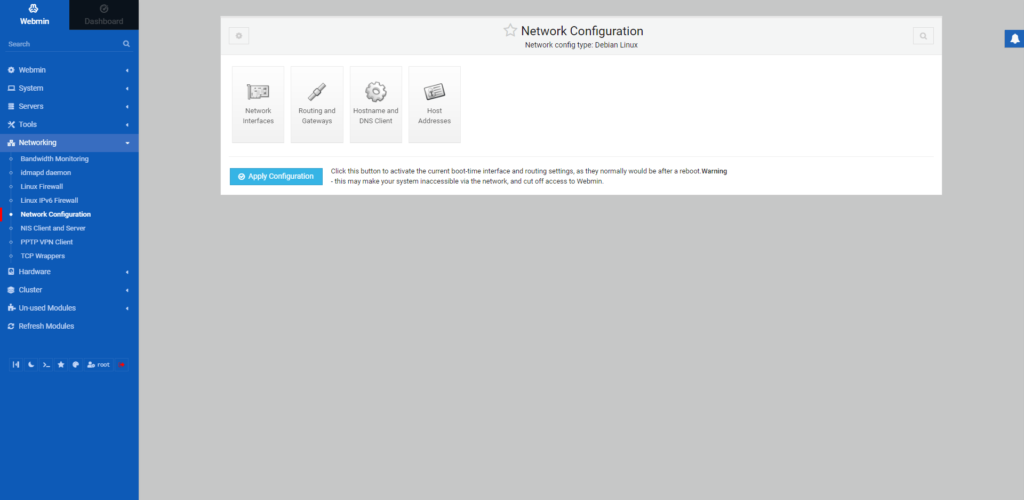 Instalando Webmin no Debian 5 Tela da configuração de rede
