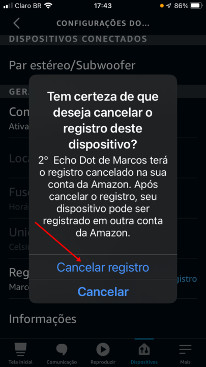 Remover o Echo Dot da sua conta Amazon 7 Confirmar cancelamento de registro