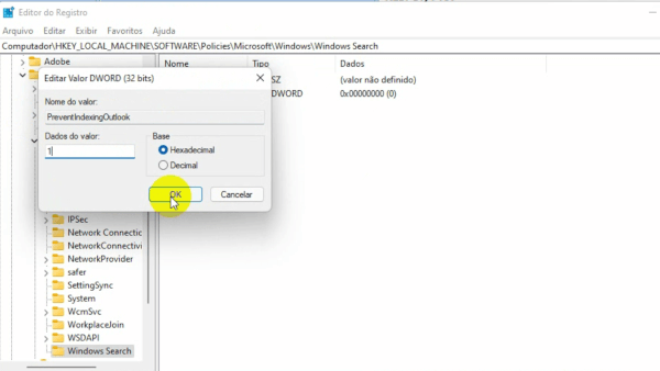 Colocar a chave para desativar o Windows Search no Outlook