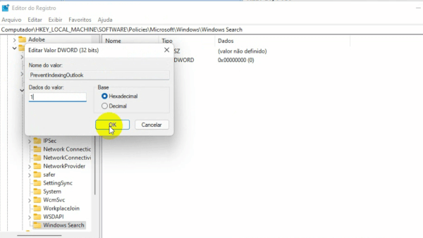 Pesquisa dos e-mails do Outlook não retorna nada 2 Colocar a chave para desativar o Windows Search no Outlook