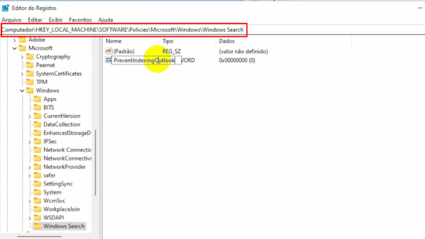 Alteração no registro para desligar o Windows Search no Outlook