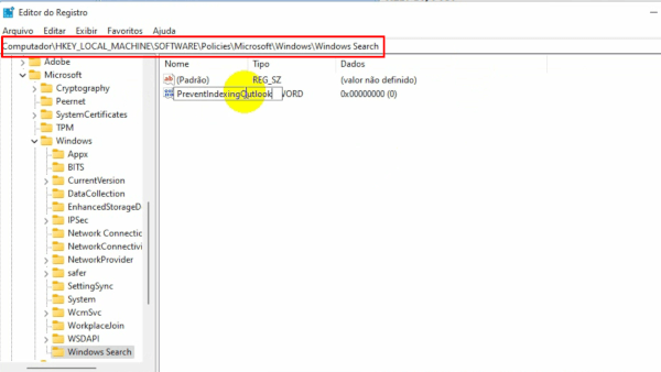 Pesquisa dos e-mails do Outlook não retorna nada 1 Alteração no registro para desligar o Windows Search no Outlook