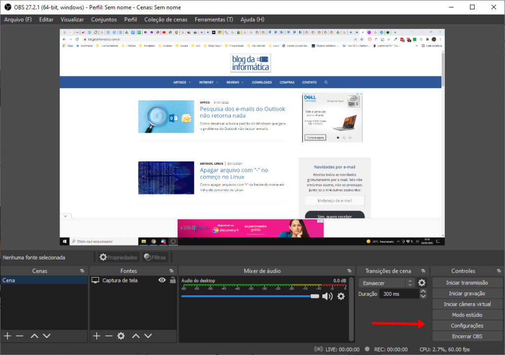 Vídeo embaçado na gravação ou transmissão do OBS Studio 1 Tela inicial - Configurações do OBS Studio