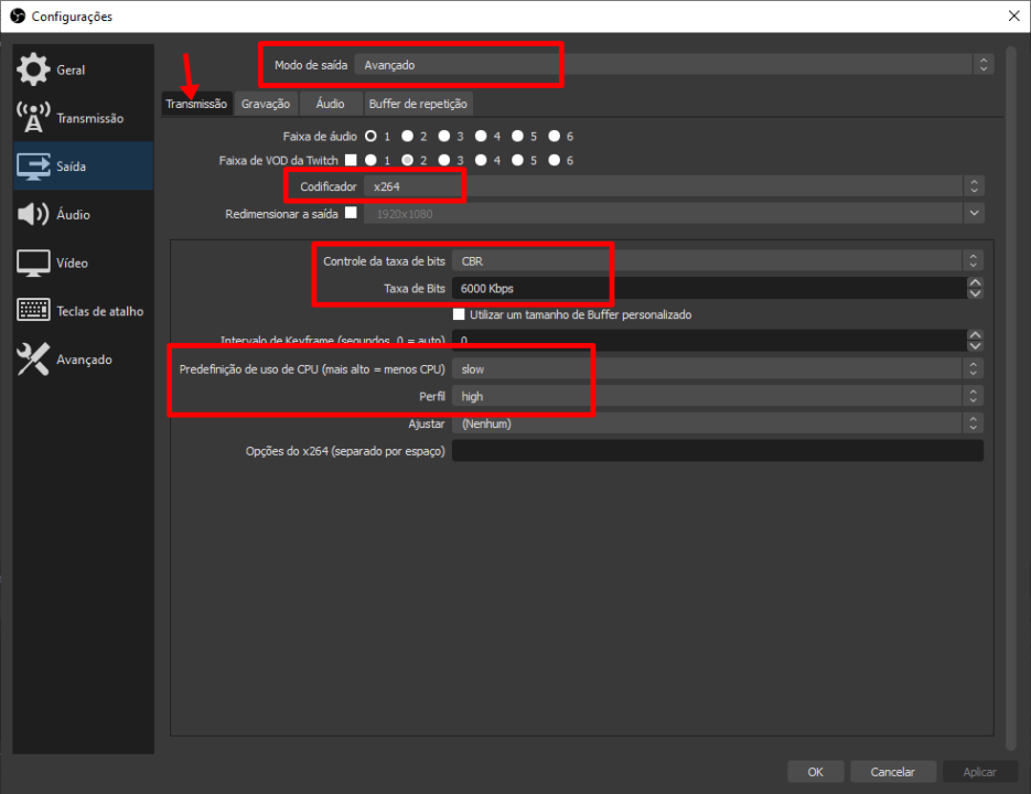 Vídeo embaçado na gravação ou transmissão do OBS Studio 2 Configurações de transmissão do OBS Studio