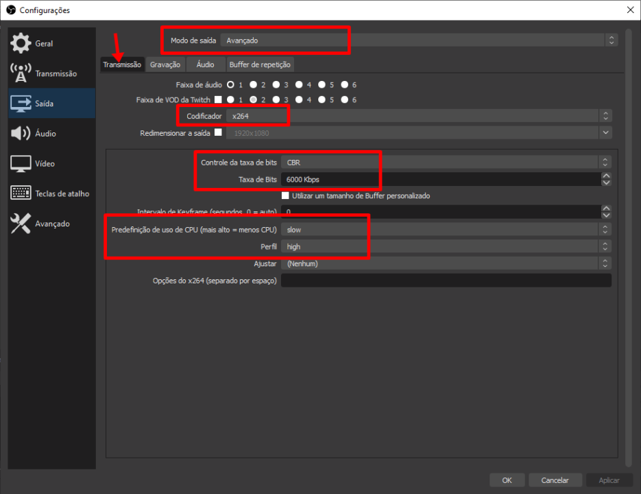 Configurações de transmissão do OBS Studio