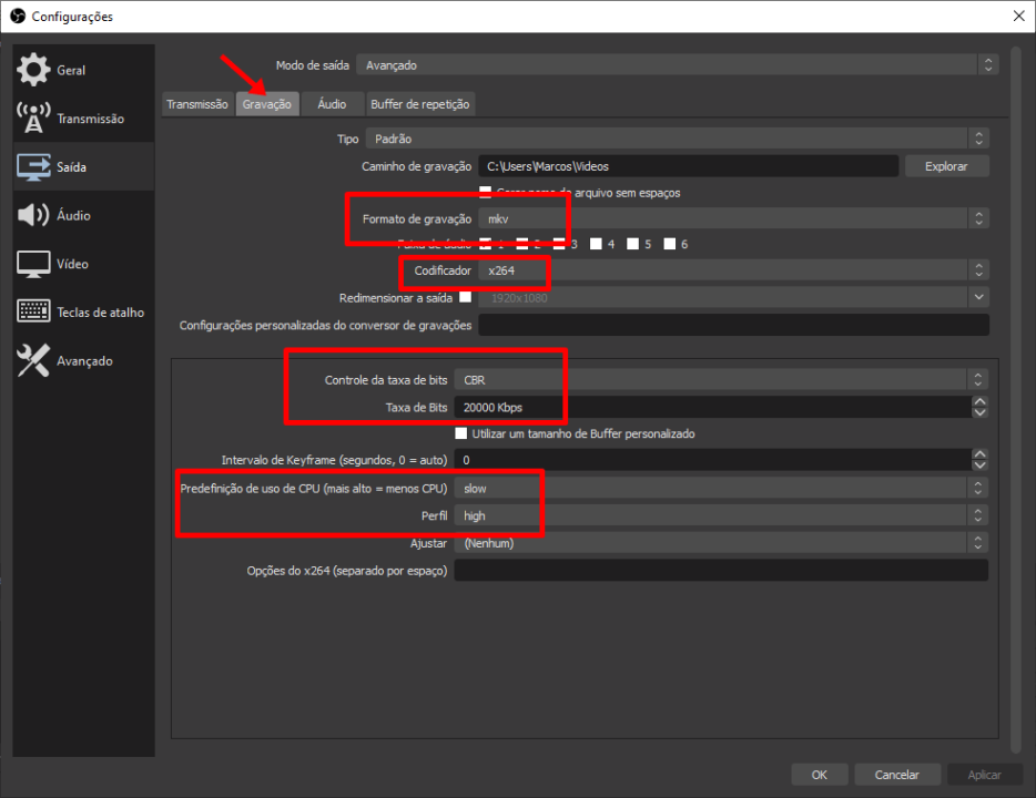 Vídeo embaçado na gravação ou transmissão do OBS Studio 3 Configurações de gravação do OBS Studio