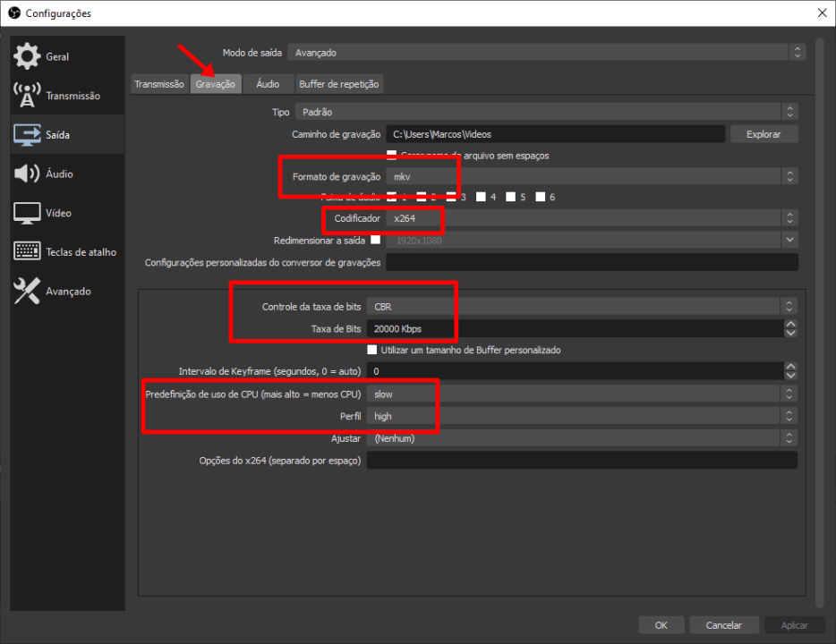 Configurações de gravação do OBS Studio