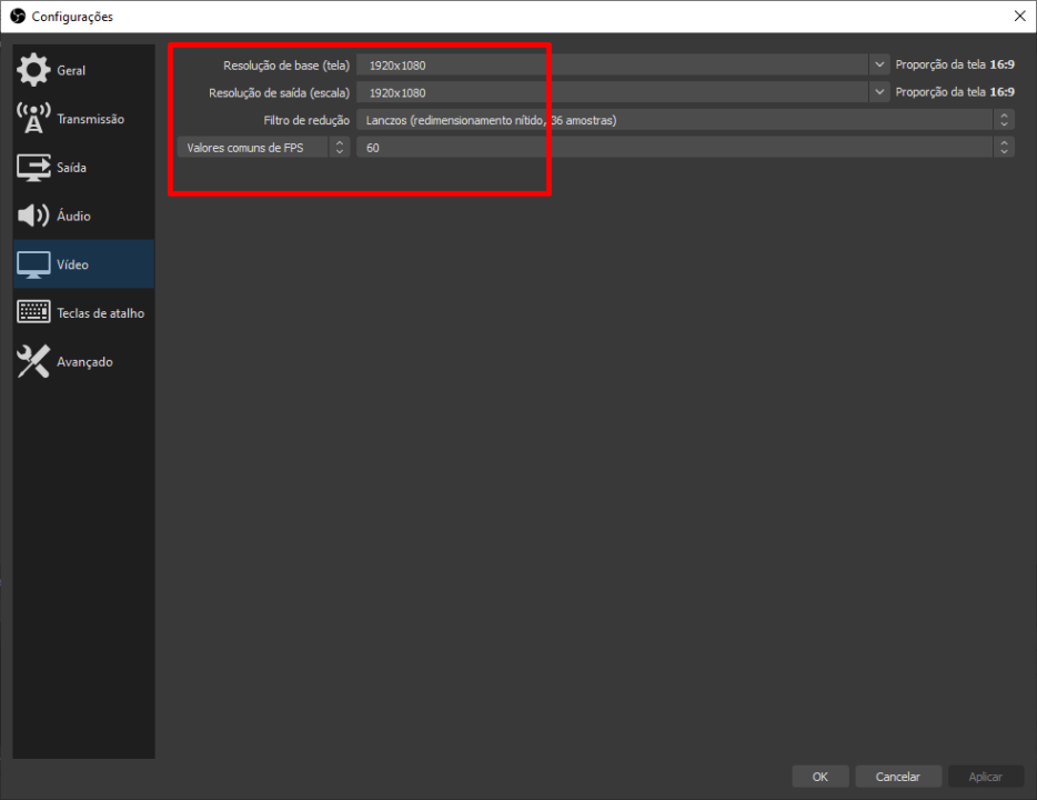 Vídeo embaçado na gravação ou transmissão do OBS Studio 4 Configurações de vídeo do OBS Studio
