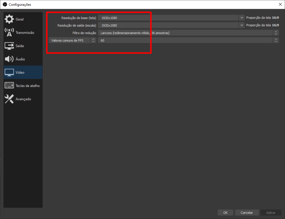 Configurações de vídeo do OBS Studio