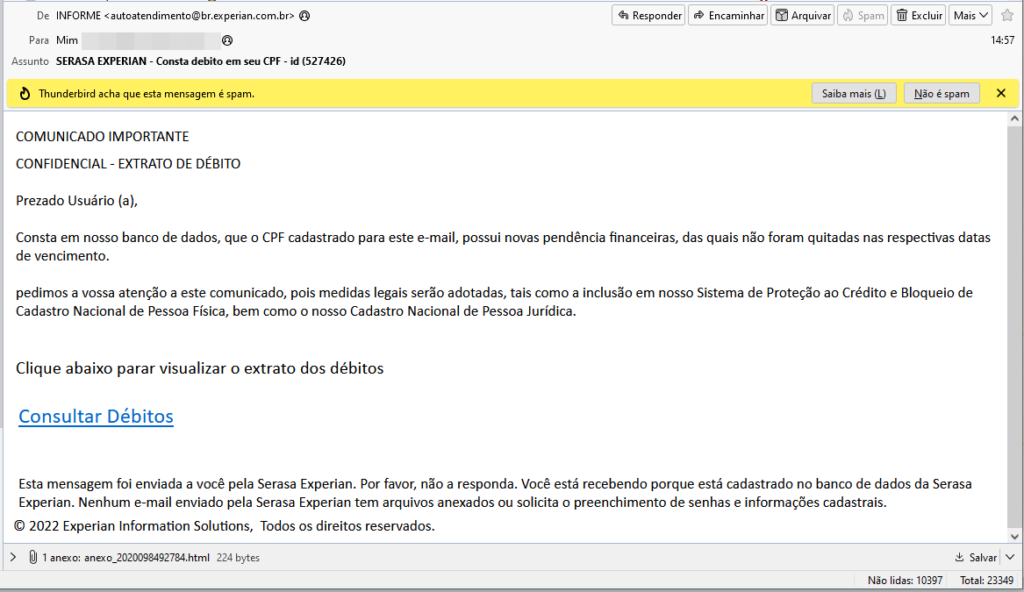 E-mail recebido da SERASA EXPERIAN