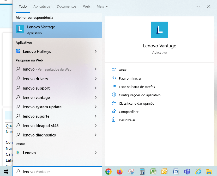Ligar e desligar microfone de notebooks Lenovo 1 Buscar app Lenovo Vantage