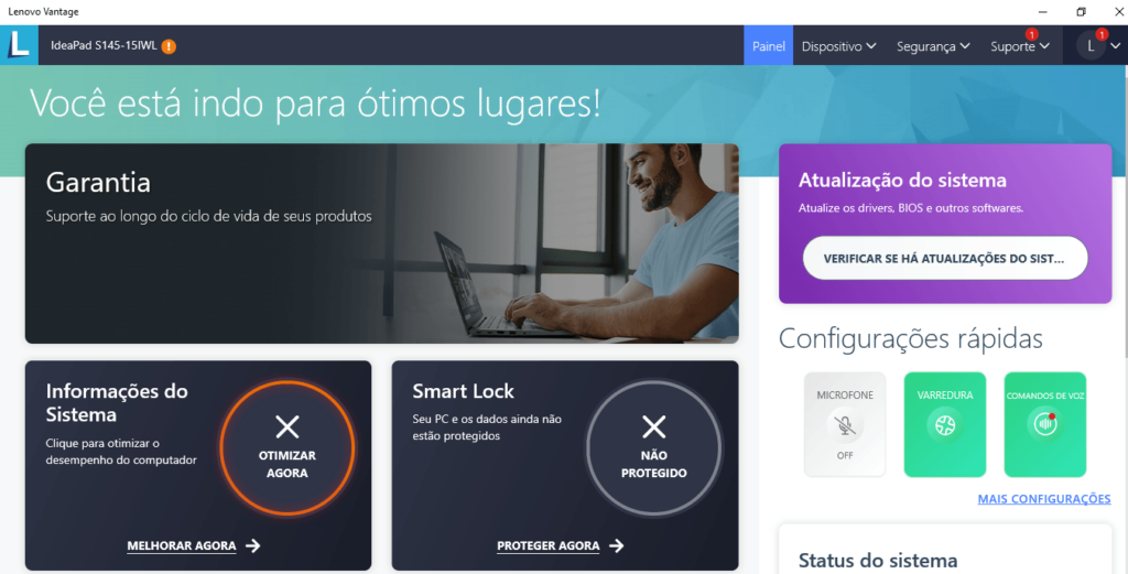 Ligar e desligar microfone de notebooks Lenovo 2 Tela inicial do Lenovo Vantage