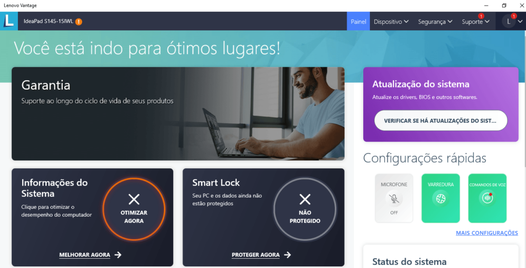 Tela inicial do Lenovo Vantage