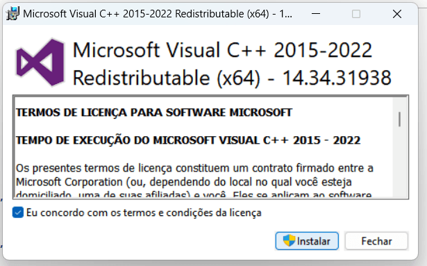 Instalar o Microsoft Visual C Redistributable