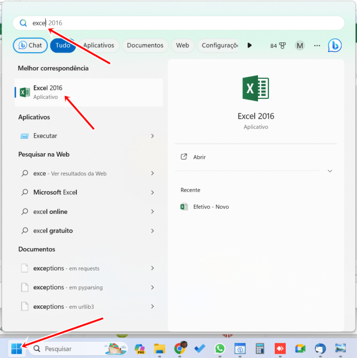 Localizando Excel na busca do Windows 11