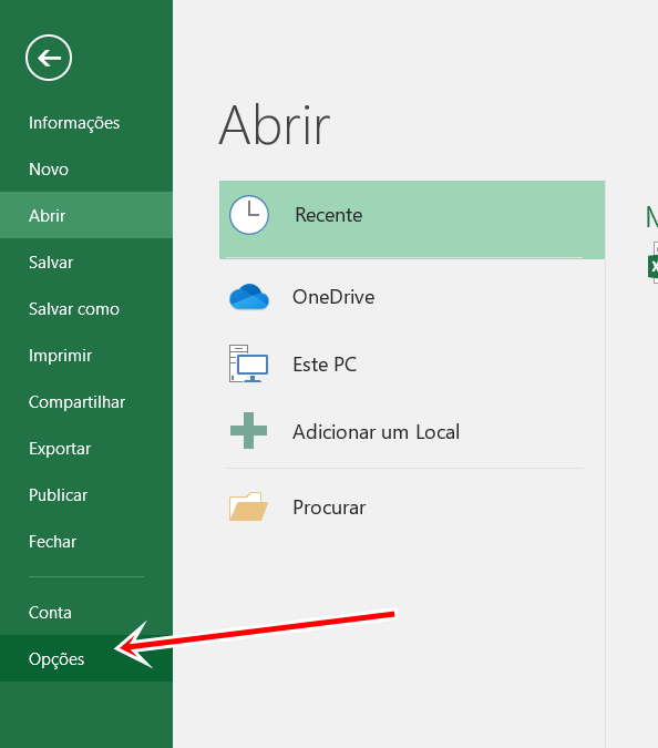 Opções do Excel