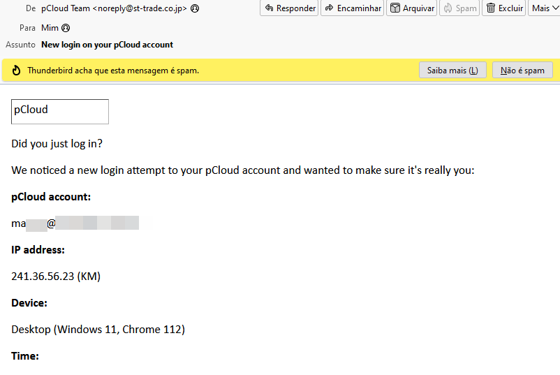 E-mail suspeito do pcloud