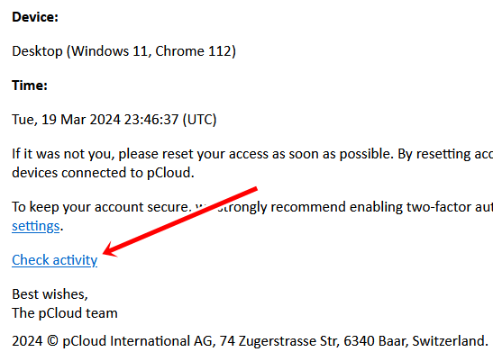 E-mail falso do pcloud link suspeito