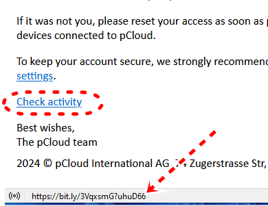 E-mail falso do pcloud link bitly