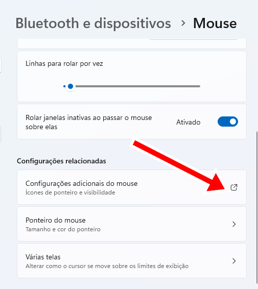 Ponteiro do mouse Configurações adicionais do mouse