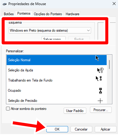 Ponteiro do mouse Fechar configurações adicionais do mouse