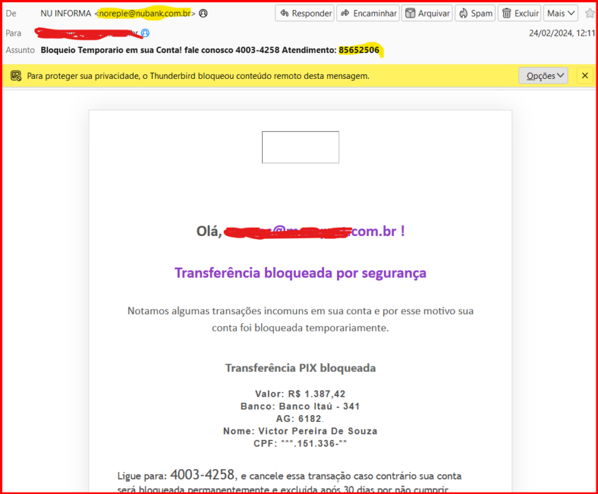 Golpe Nubank 1 E-mail falso da Nubank