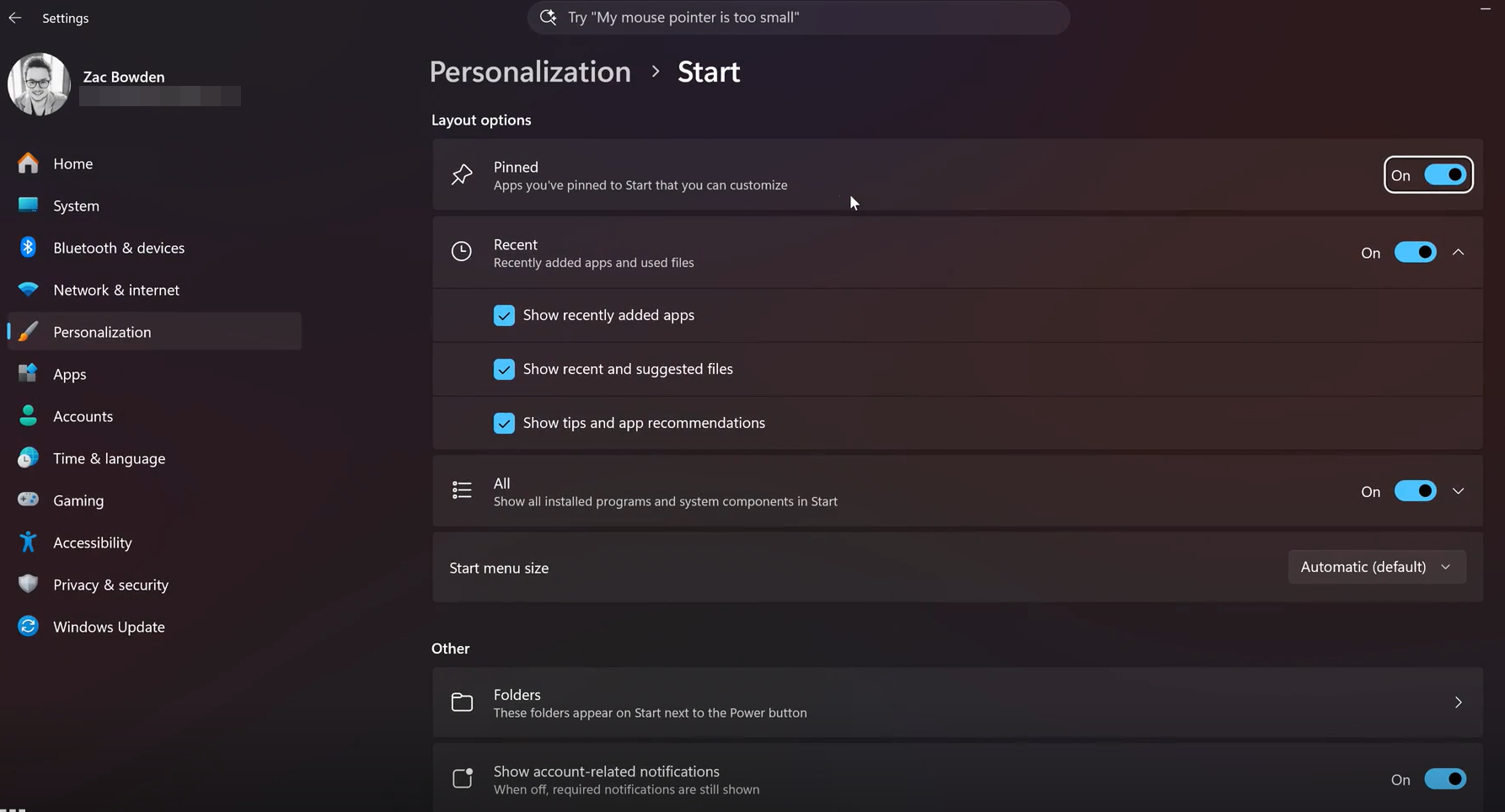 Novo Menu Iniciar do Windows 11: agora dá para desligar seções e ajustar o tamanho 3 Tela principal da customização do novo Menu Iniciar
