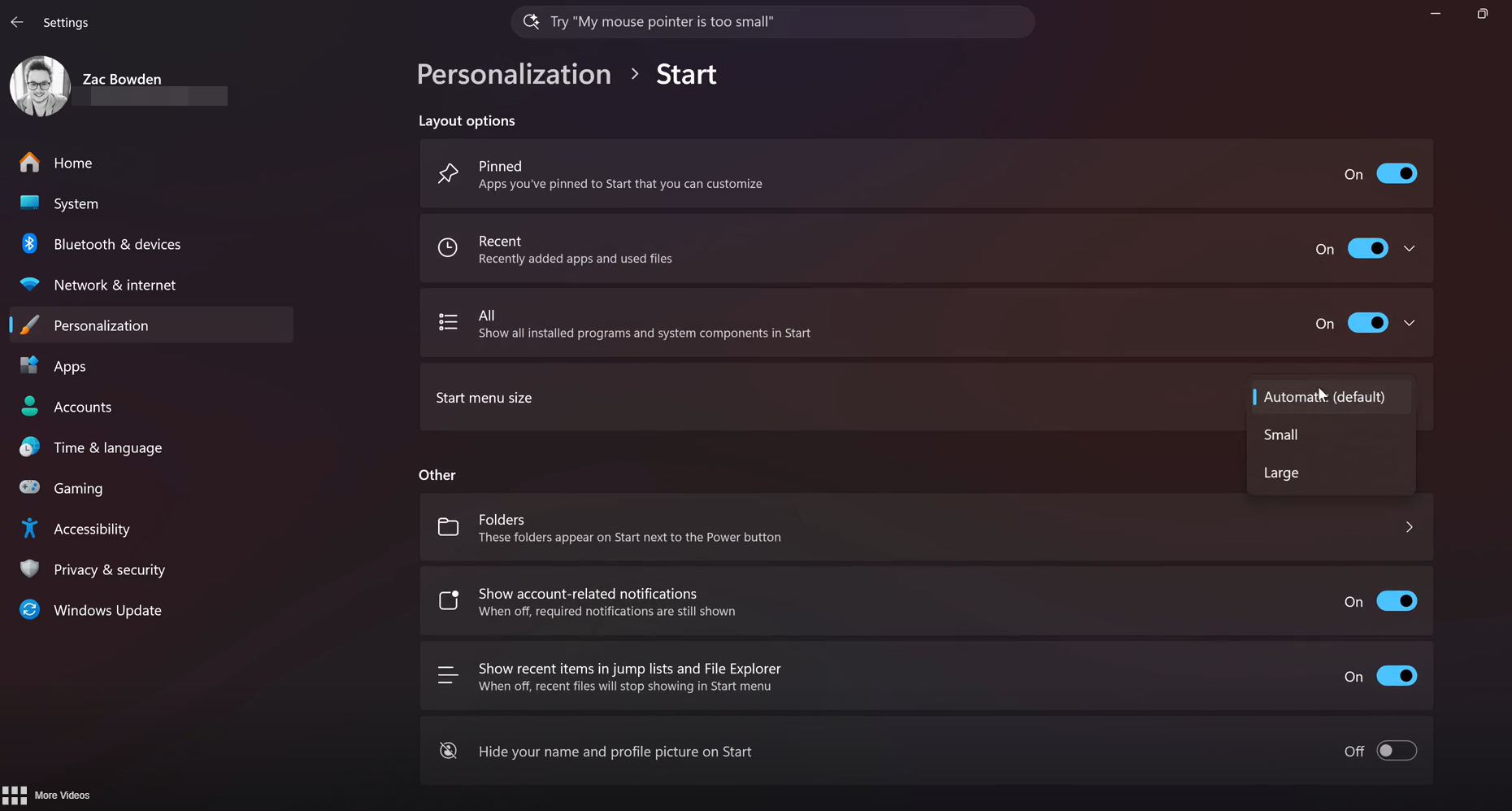 Novo Menu Iniciar do Windows 11: agora dá para desligar seções e ajustar o tamanho 5 Ajuste da largura do Menu Iniciar