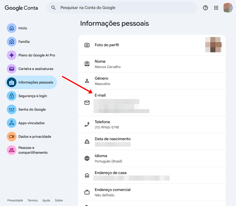 Conta Google - Informações pessoais