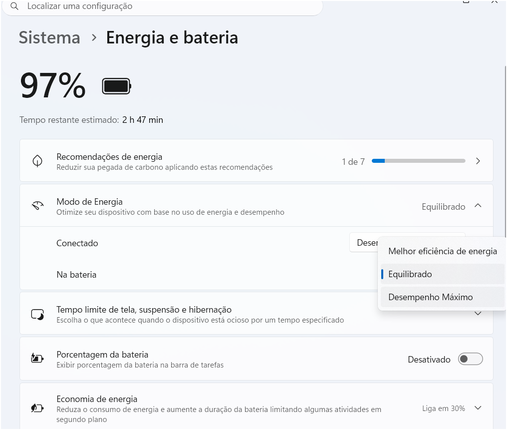 Energia - Desempenho máximo