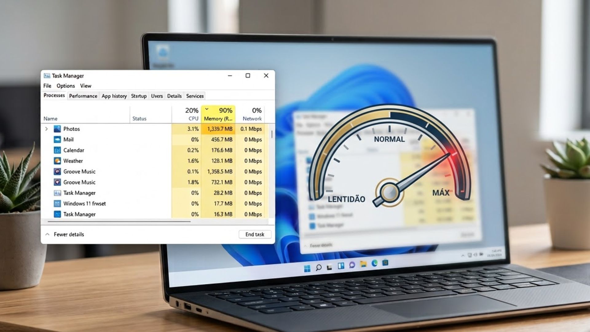 Notebook com tela mostrando o Gerenciador de Tarefas do Windows 11 indicando alto consumo de memória RAM