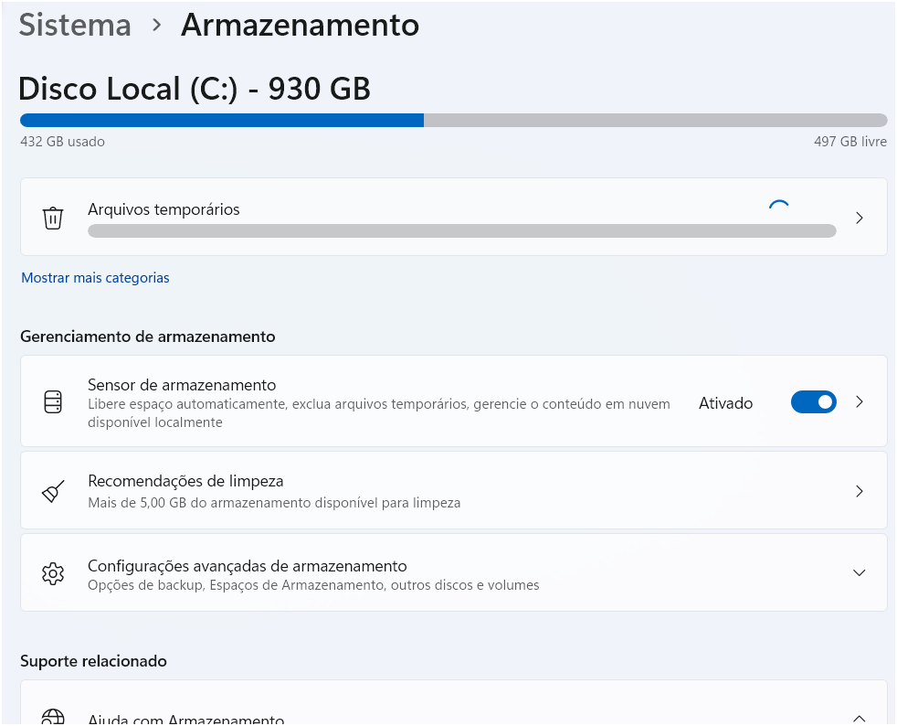 Ativar sensor de armazenamento