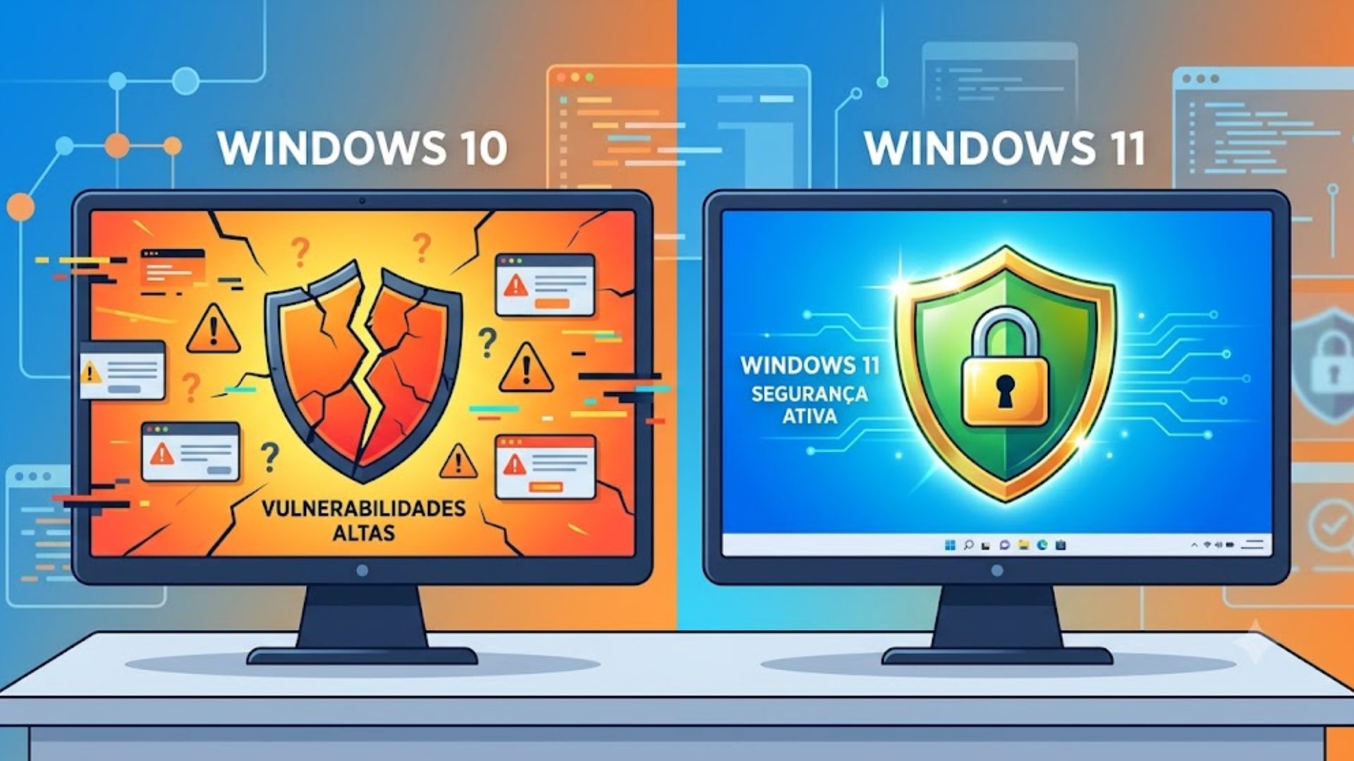Comparação visual entre Windows 10 e Windows 11 destacando os recursos de segurança.