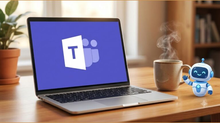 Notebook com o Teams aberto e um robozinho descansando tomando um café ao lado