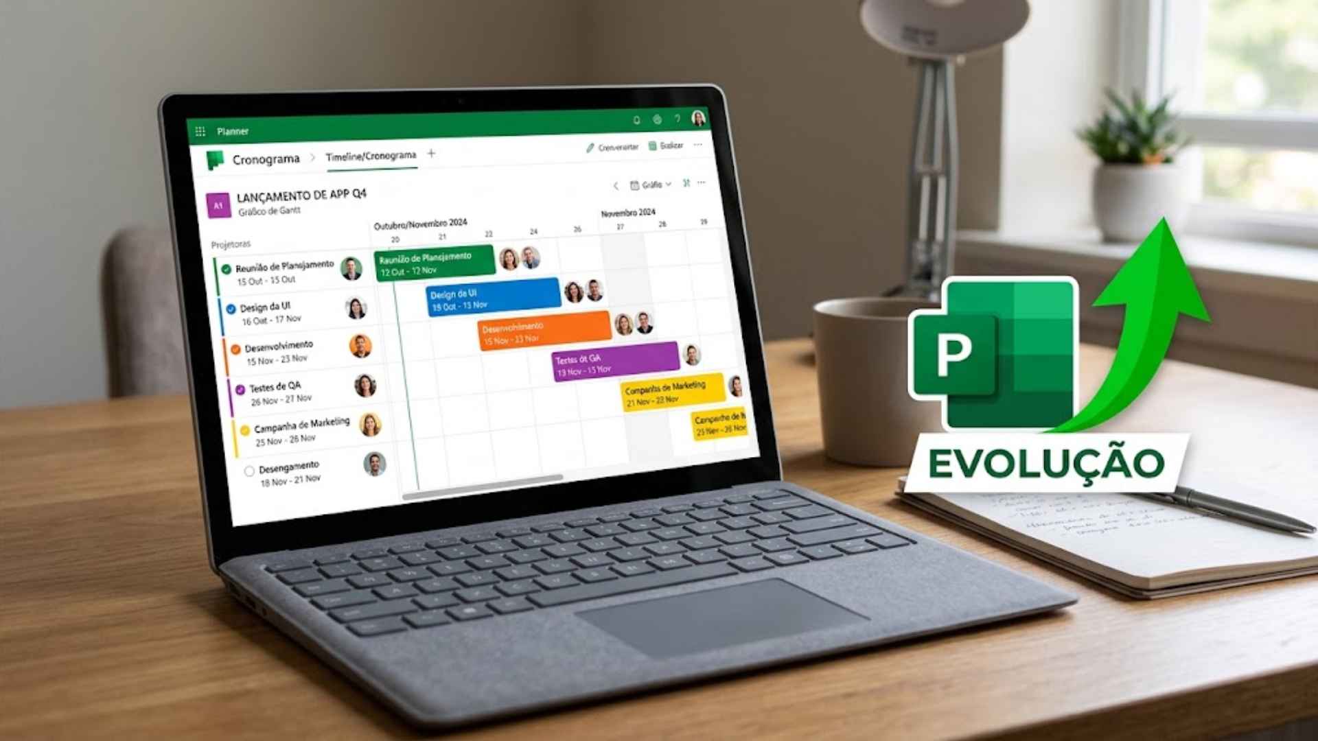 Notebook com o Microsoft Planner aberto mostrando atualização.
