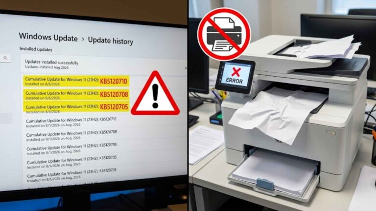 Imagem com atualizações do Windows 11 do lado esquerdo e do lado direito uma impressora mostrando erro ao imprimir