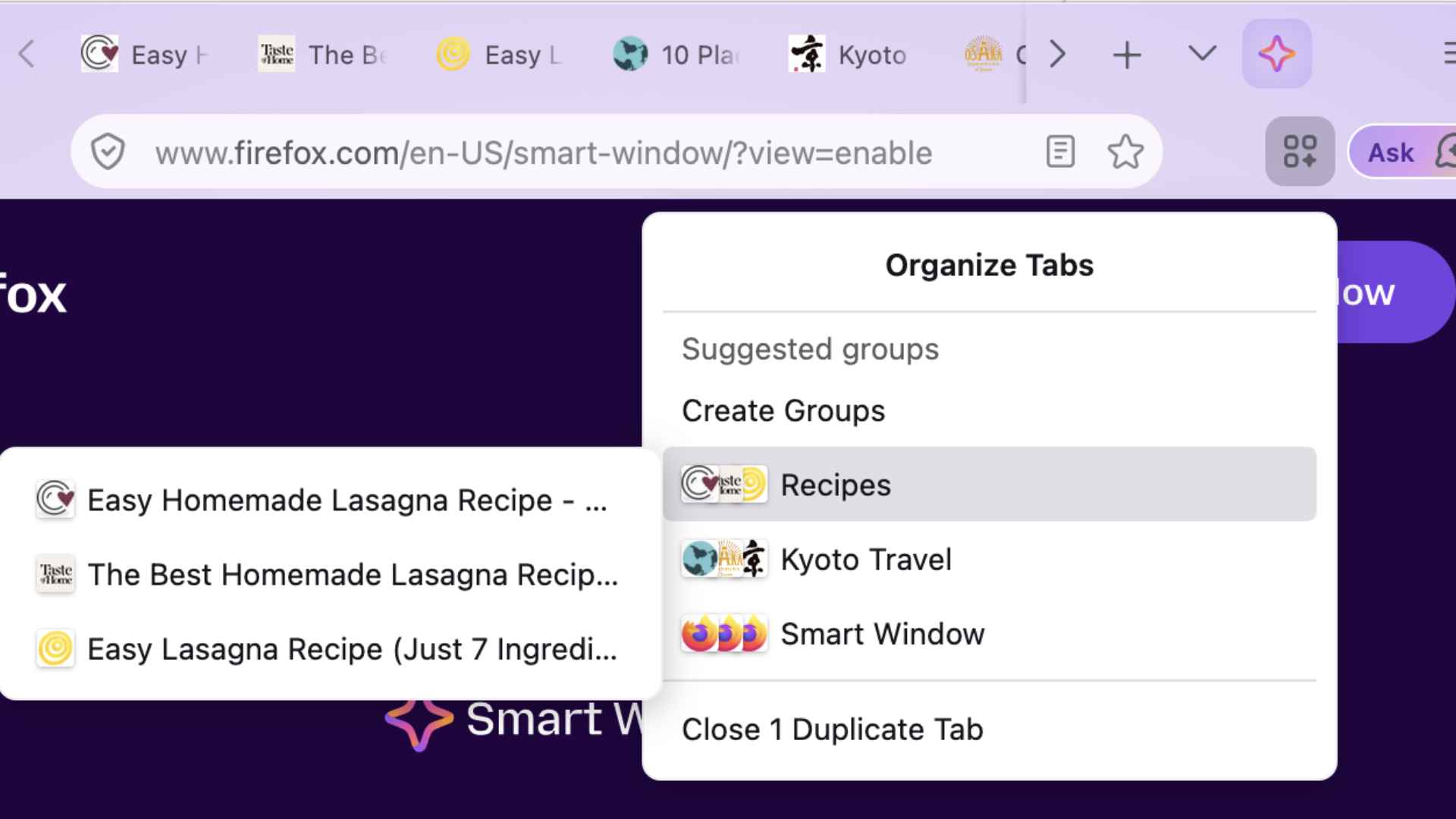 O fim do PC travando? Firefox vai fechar abas duplicadas usando Inteligência Artificial 1 Navegador Firefox mostrando opções, incluindo organizar abas