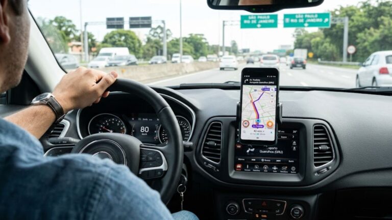 Smartphone no painel do carro exibindo o aplicativo Waze com navegação por voz ativa.