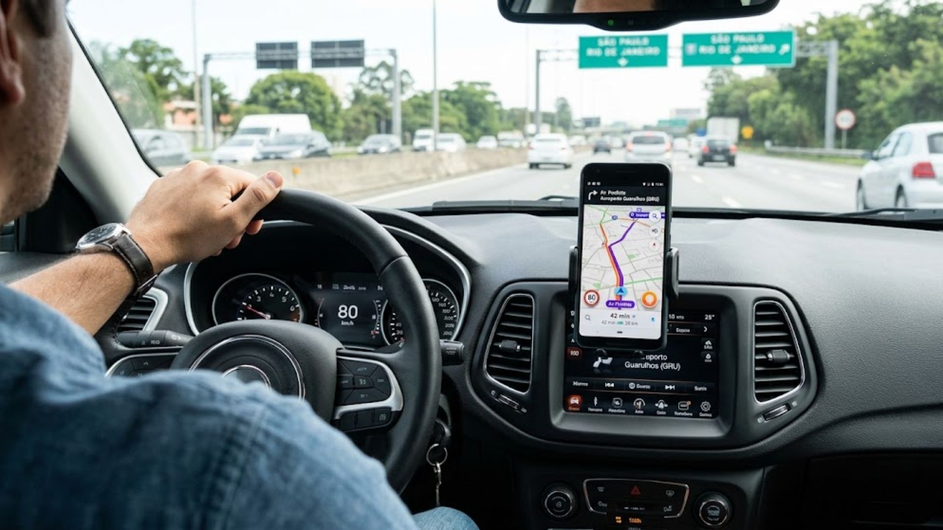 Smartphone no painel do carro exibindo o aplicativo Waze com navegação por voz ativa.