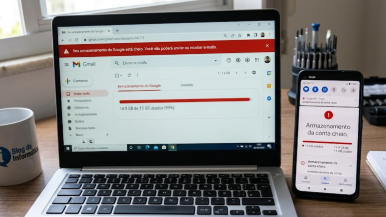 Imagem de notebook mostrando armazenamento cheio no google
