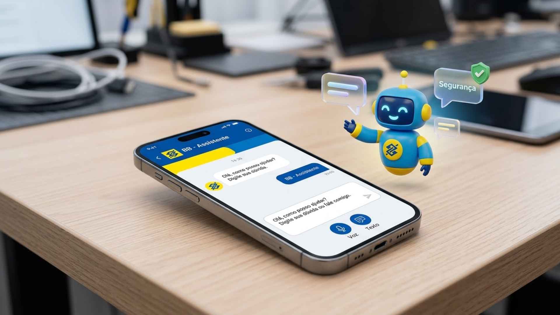 Novo App do Banco do Brasil ganha Inteligência Artificial: Veja o que muda e como atualizar com segurança 1 Smartphone em cima de uma mesa de madeira que está com o aplicativo do Banco do Brasil aberto, ao lado tem um robozinho indicando a IA funcionando no aplicativo
