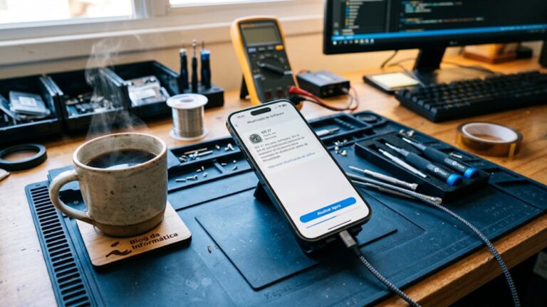 Bancada com café e telefone apple atualizando software