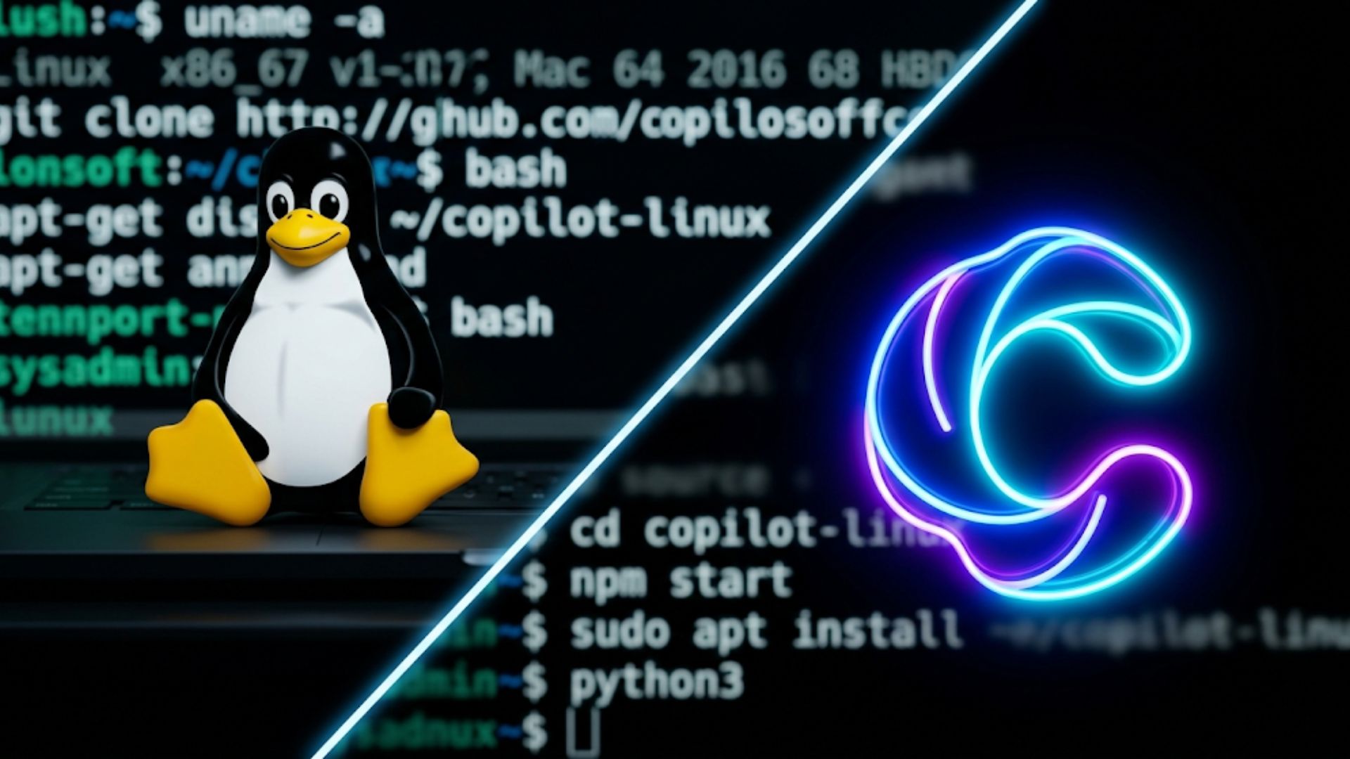 Linux TUX com copilot na lateral