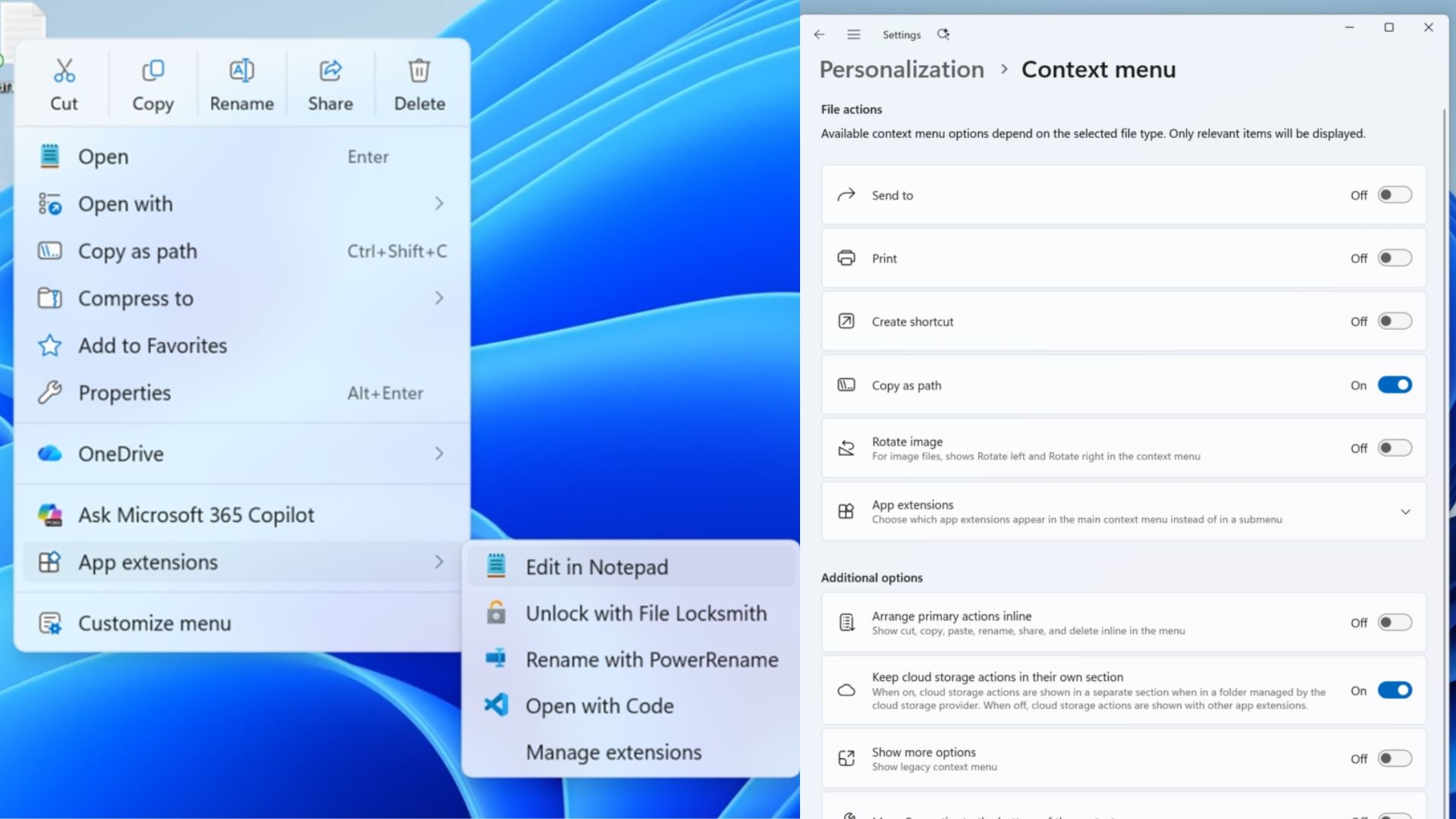 Menu de contexto do Windows 11 sendo aberto com as opções de personalização ao lado