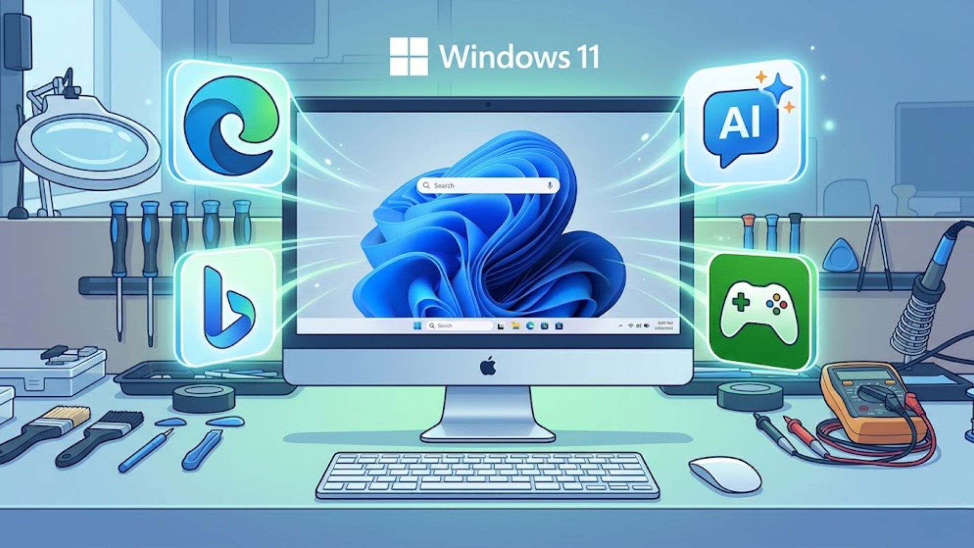 Tela de computador com Windows e exibindo os ícones do Edge, Bing, Gamepass e Copilot