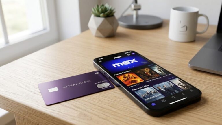 Cartão Nubank Ultravioleta ao lado de smartphone mostrando a tela do app da Max.